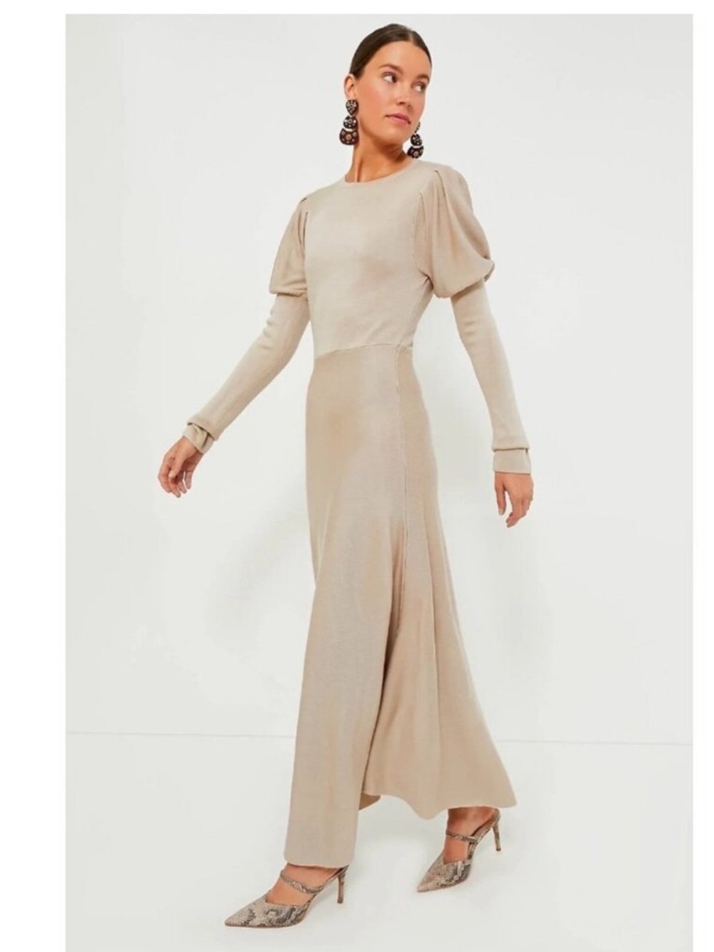 Pomander Place Brielle Maxi Dress Size S Neutral Puff Sleeve Knit Quiet Luxury